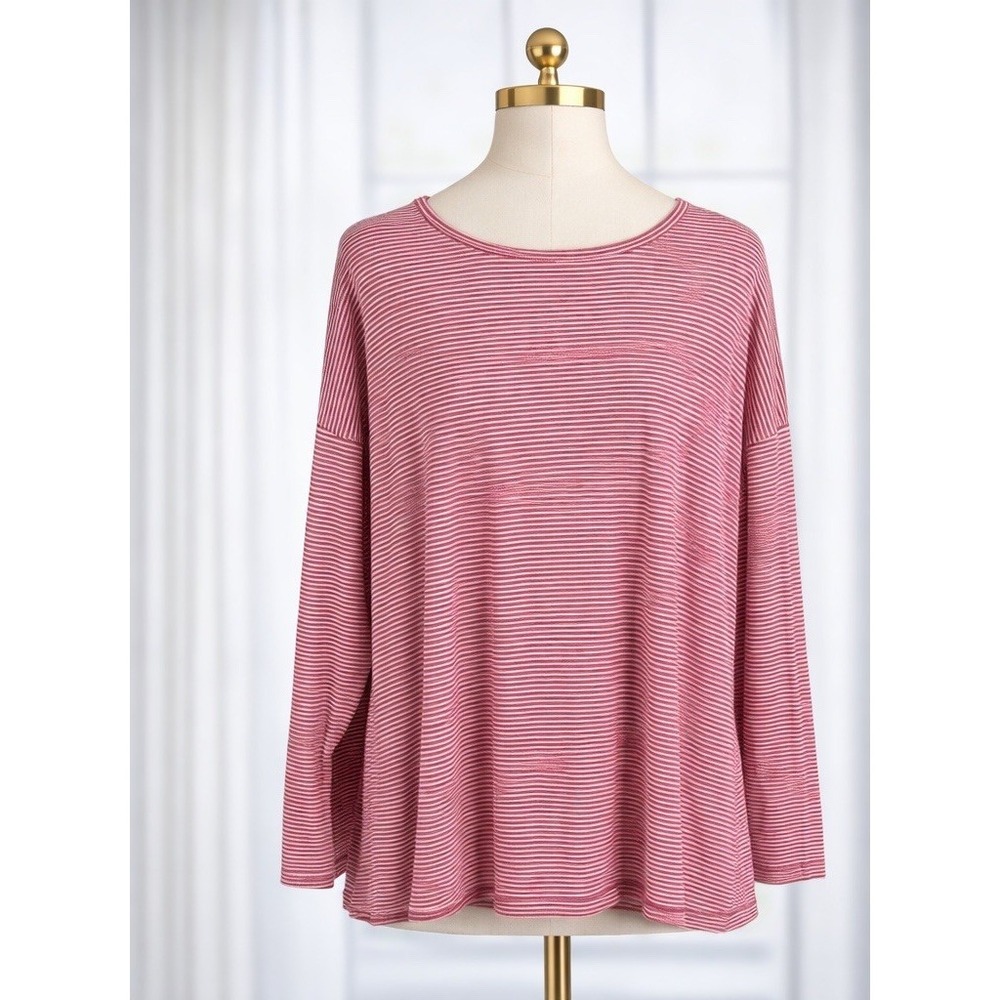 Soft Surroundings Soft Knit Tunic Top Open Back Cutout Red White Stripe Size L